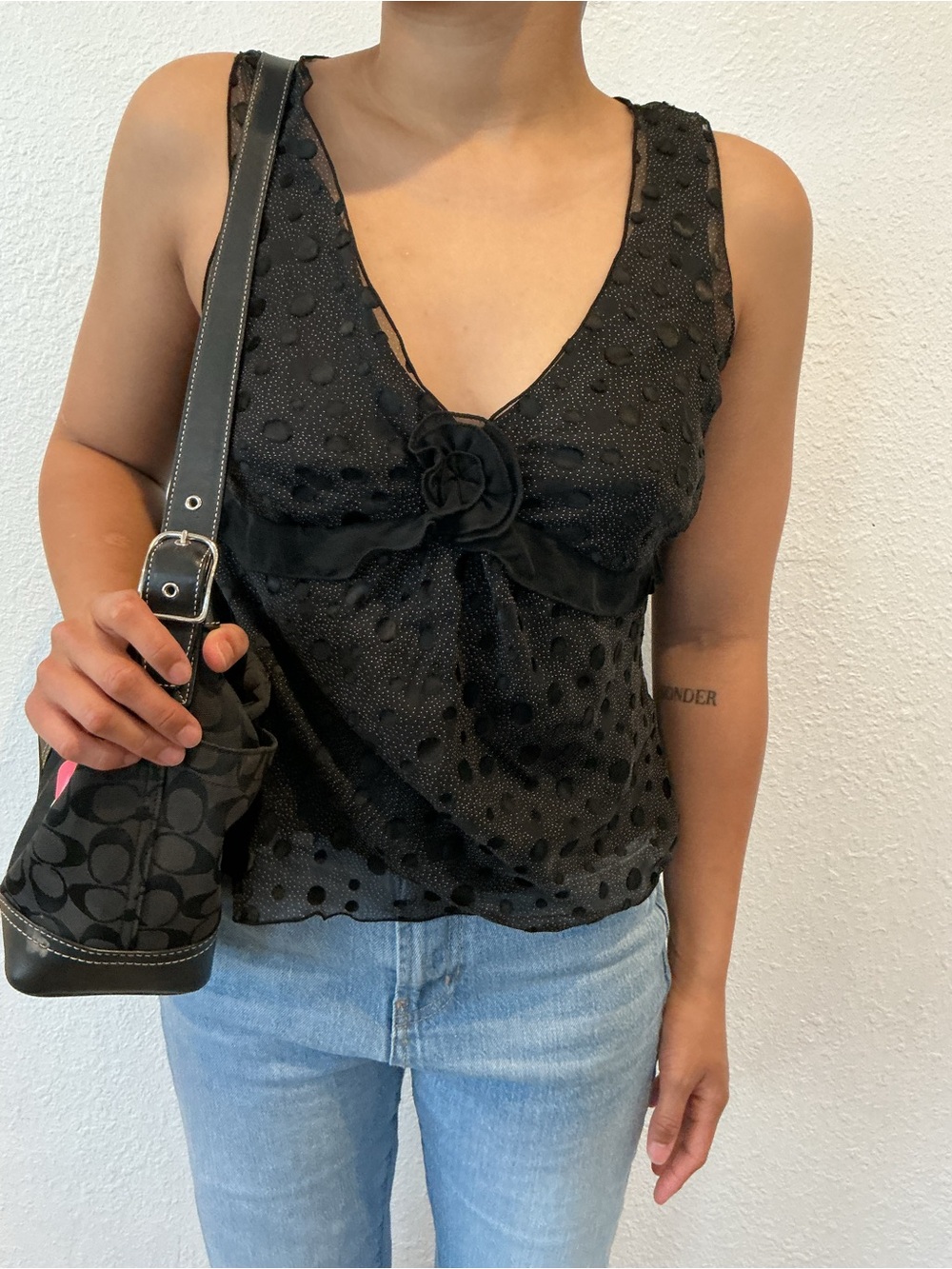 Vintage Black Polka Dot V-Neck Womens Tank Top w
